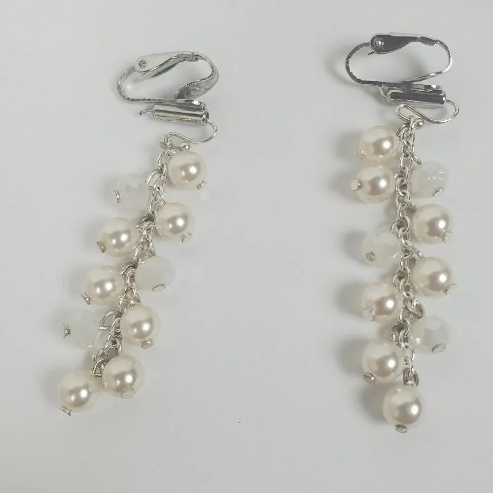 Vintage Faux Pearl Bead Opaque White Glass Silver Tone Dangle Drop Clip Earrings